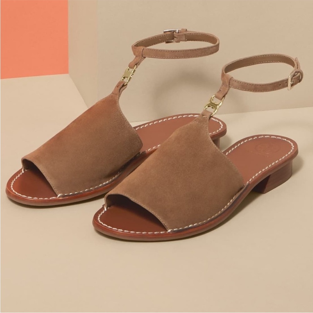 Women's Tory Burch Gemini Link Ankle Strap Sandal Brown Suede, size 8